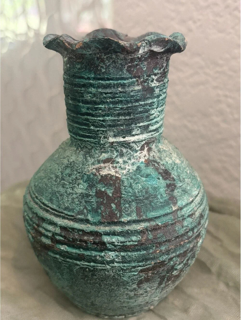Vintage Chinese Ceramic Hu-Form Vase – 4.5” Faux Bronze Verdigris